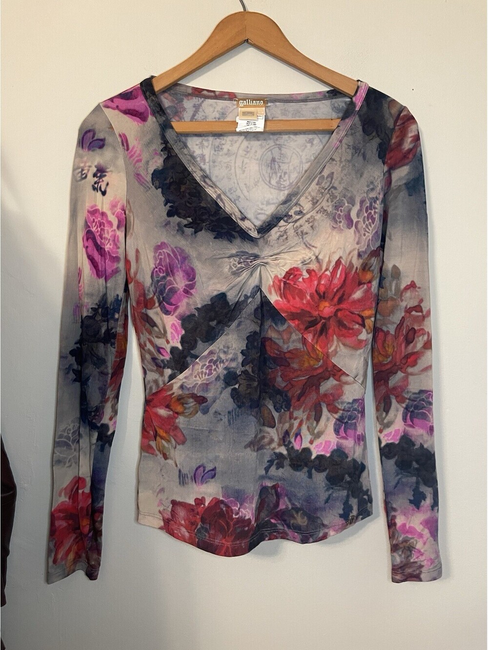 Vintage John Galliano Floral Long Sleeve Blouse Stretchy Top XS Y2K 2000s Asian